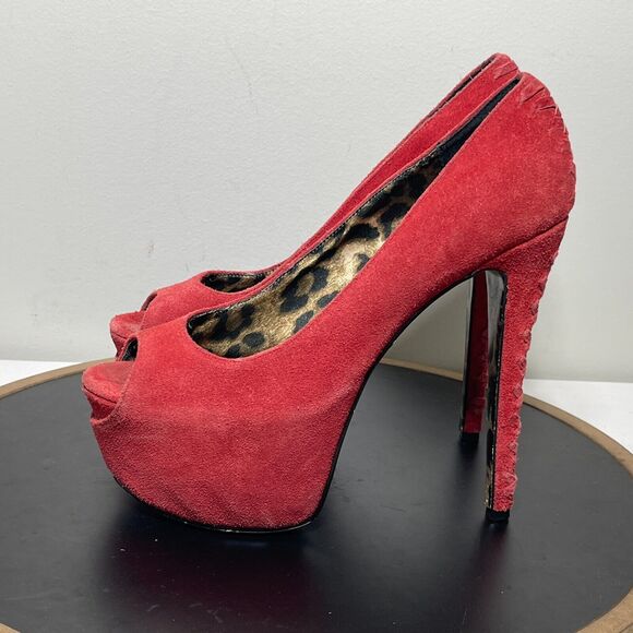 Betsey Johnson Brrea Red Suede Platform Stiletto Open Toe Pumps Women's Size 8 M - Picture 5 of 13